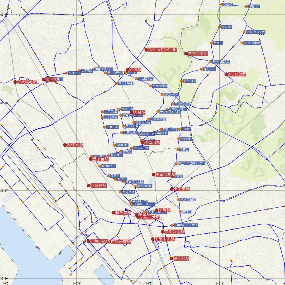 作草部駅（千葉都市モノレール）周辺のバス路線図