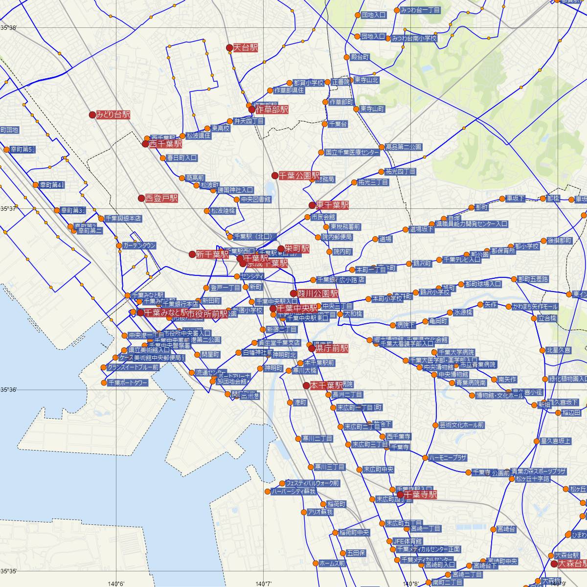 葭川公園駅（千葉都市モノレール）周辺のバス路線図