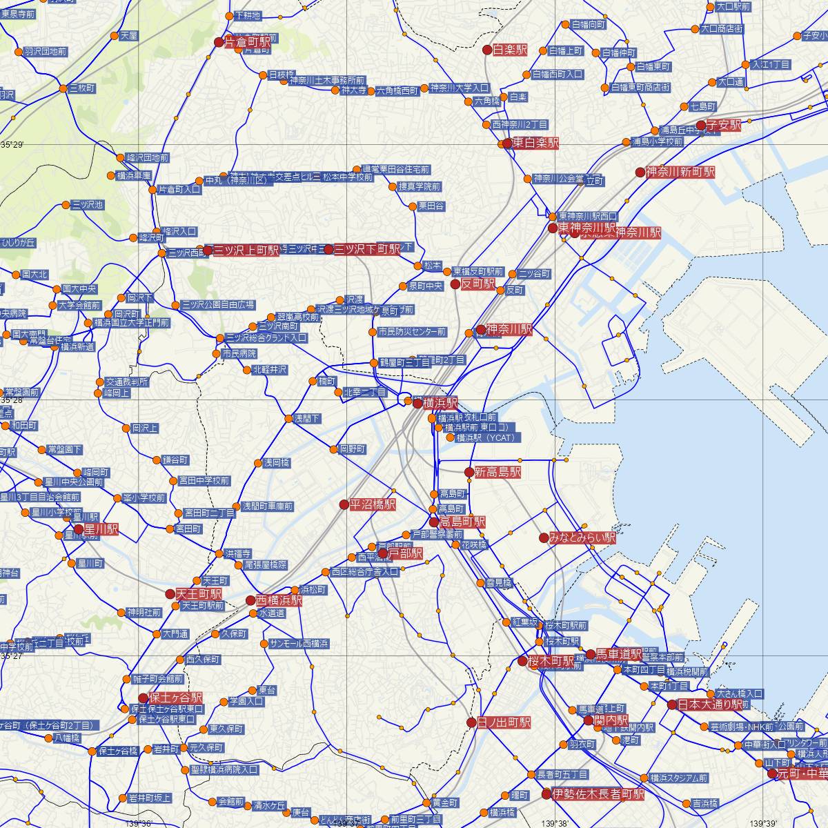 横浜駅（相鉄線）周辺のバス路線図