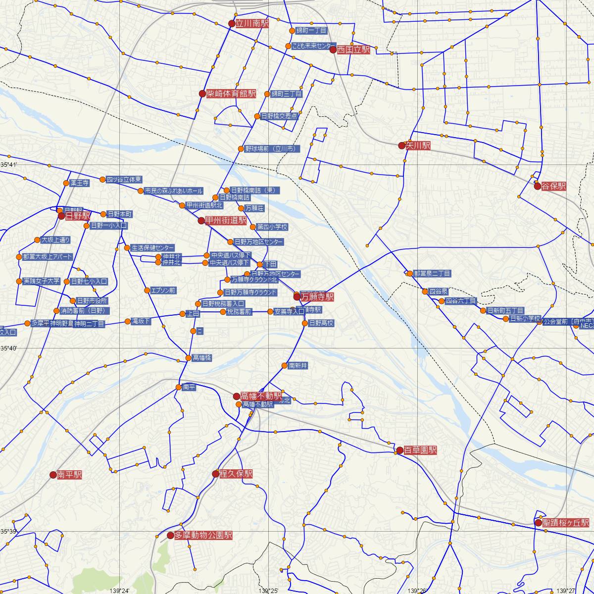 万願寺駅（多摩都市モノレール）周辺のバス路線図