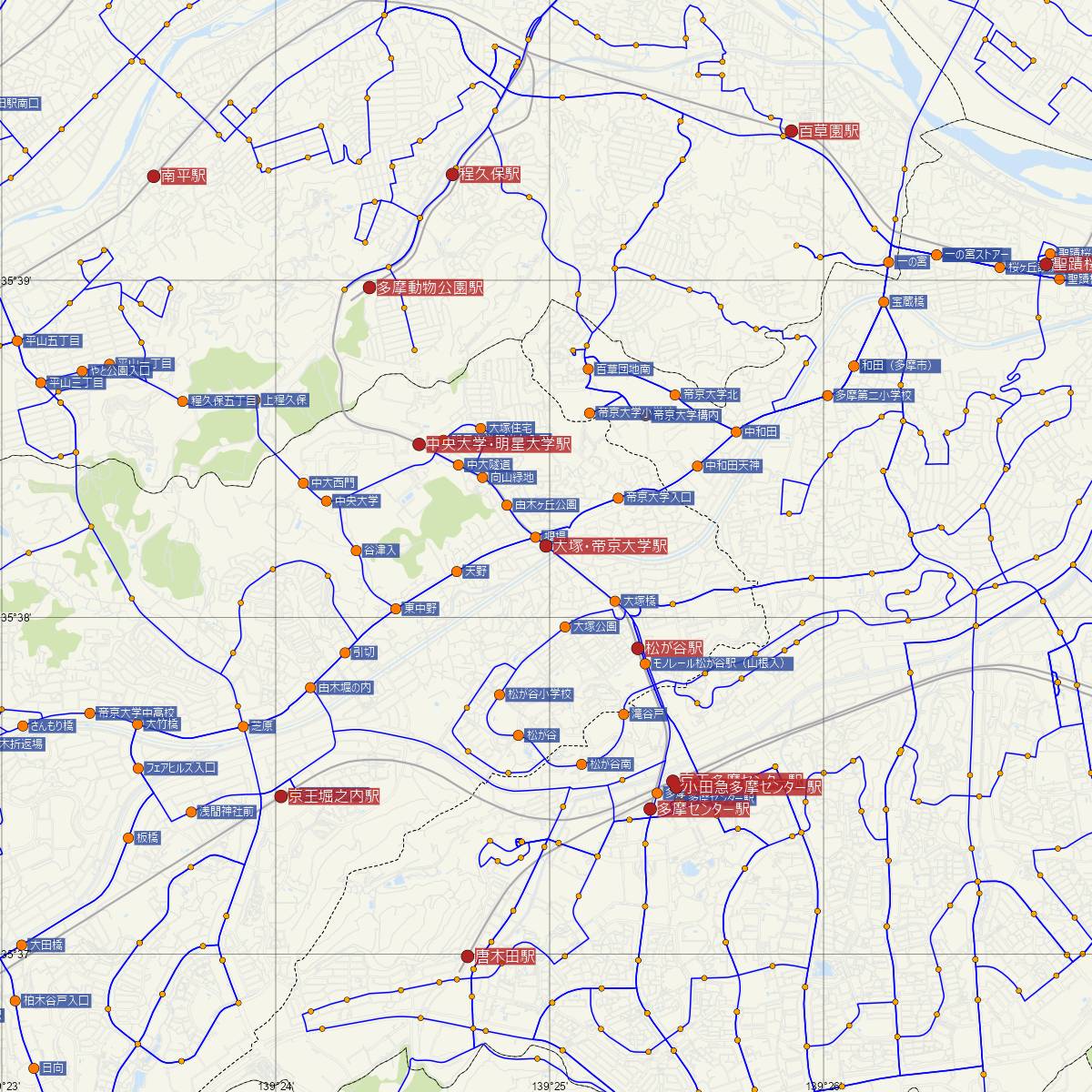 大塚・帝京大学駅（多摩都市モノレール）周辺のバス路線図