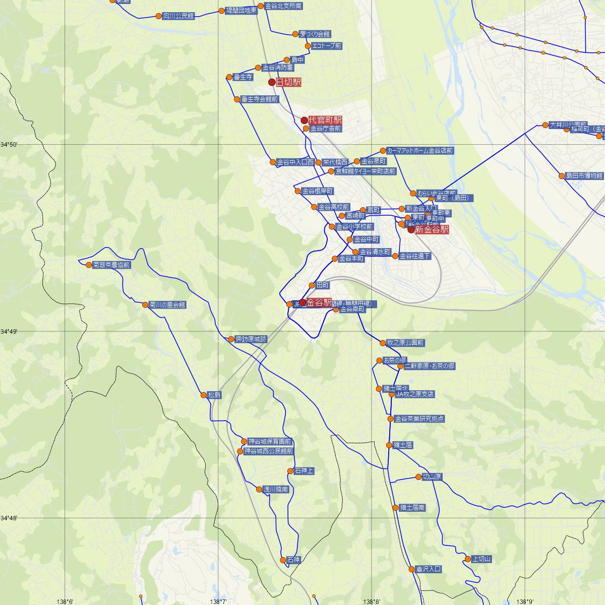 金谷駅（大井川鐵道）周辺のバス路線図