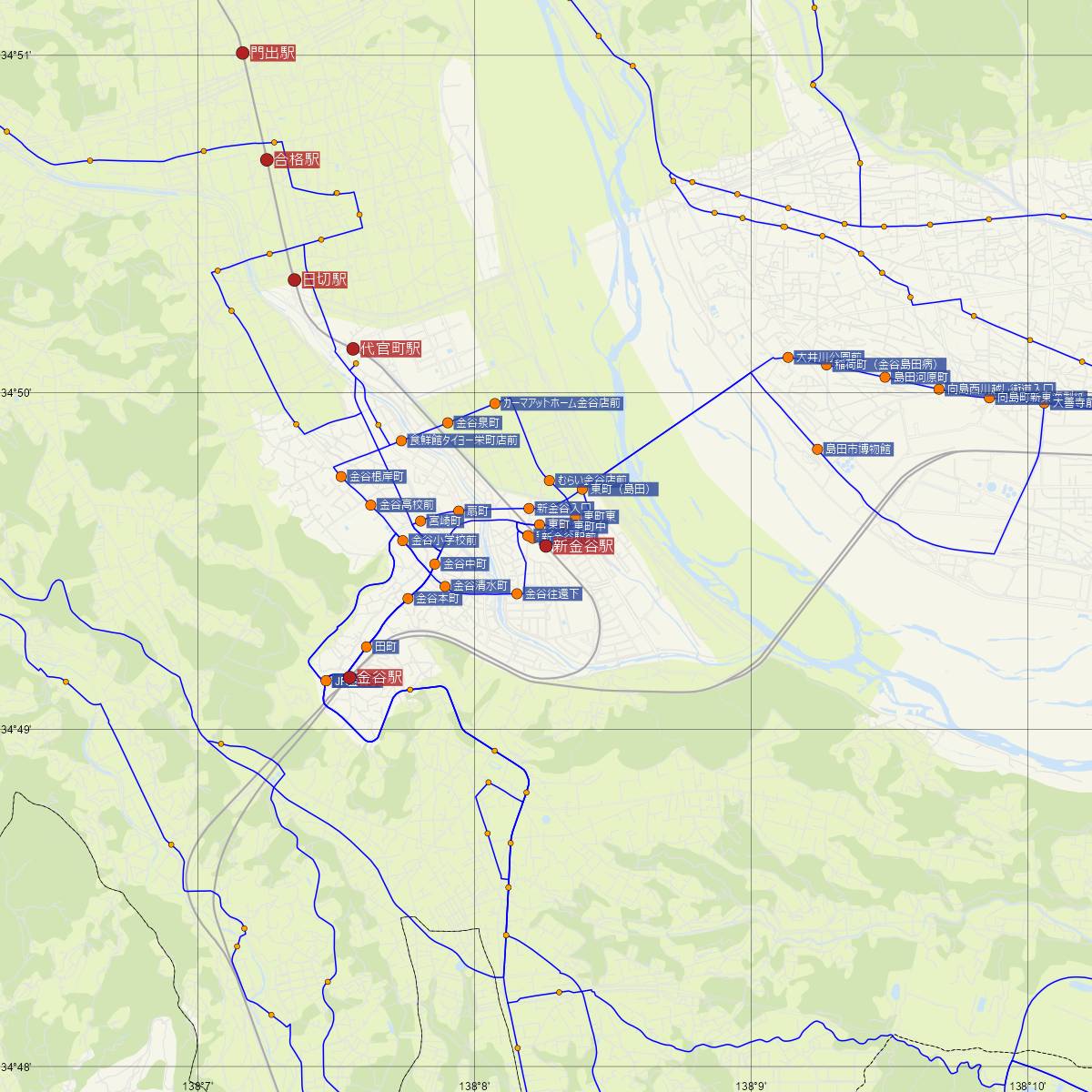 新金谷駅（大井川鐵道）周辺のバス路線図