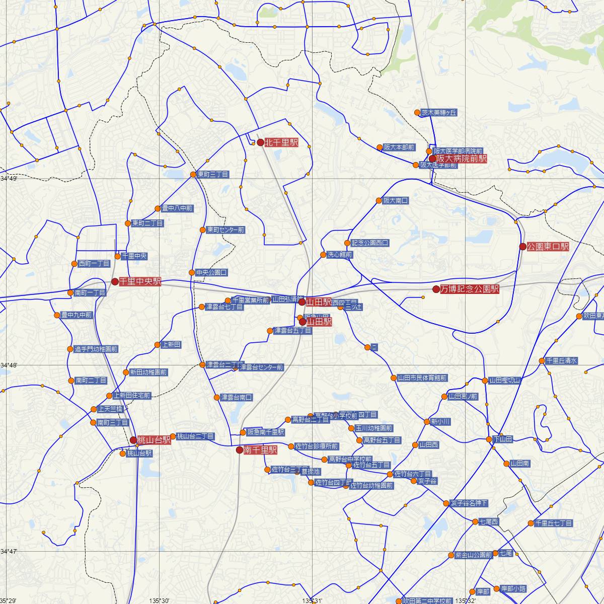 山田駅（大阪モノレール）周辺のバス路線図