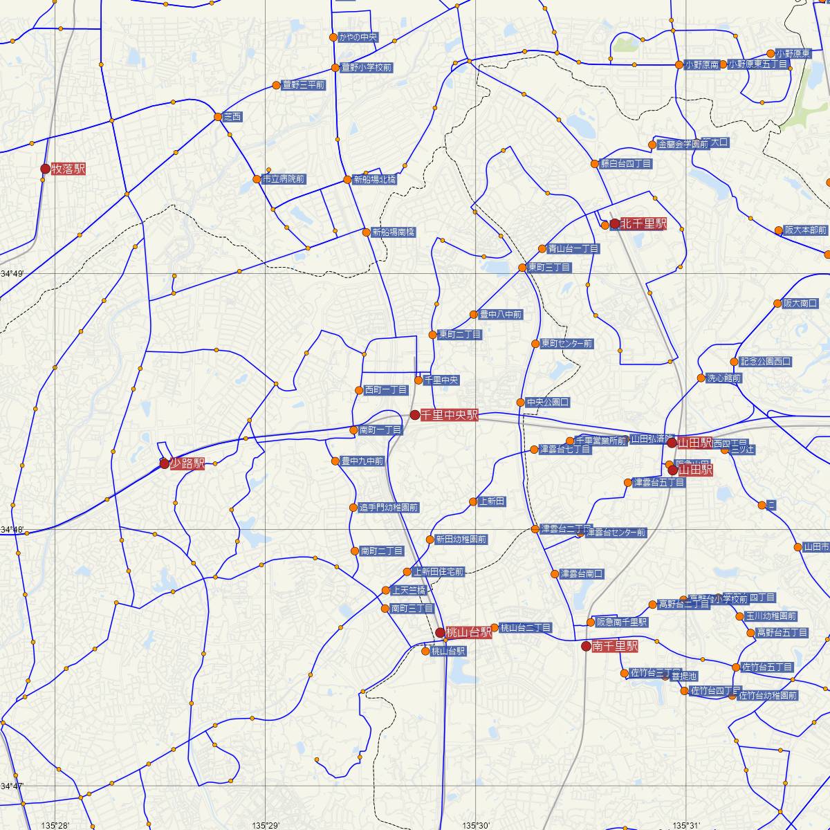 千里中央駅（大阪モノレール）周辺のバス路線図