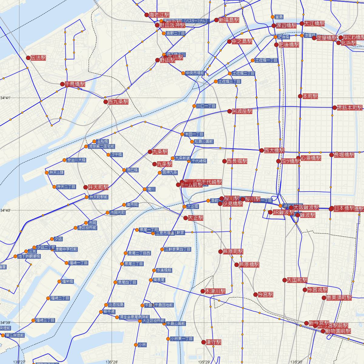 ドーム前千代崎駅（大阪メトロ）周辺のバス路線図