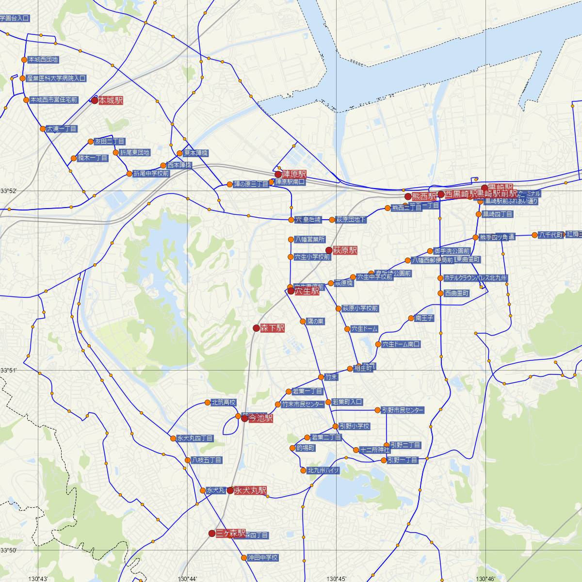 穴生駅（筑豊電鉄）周辺のバス路線図