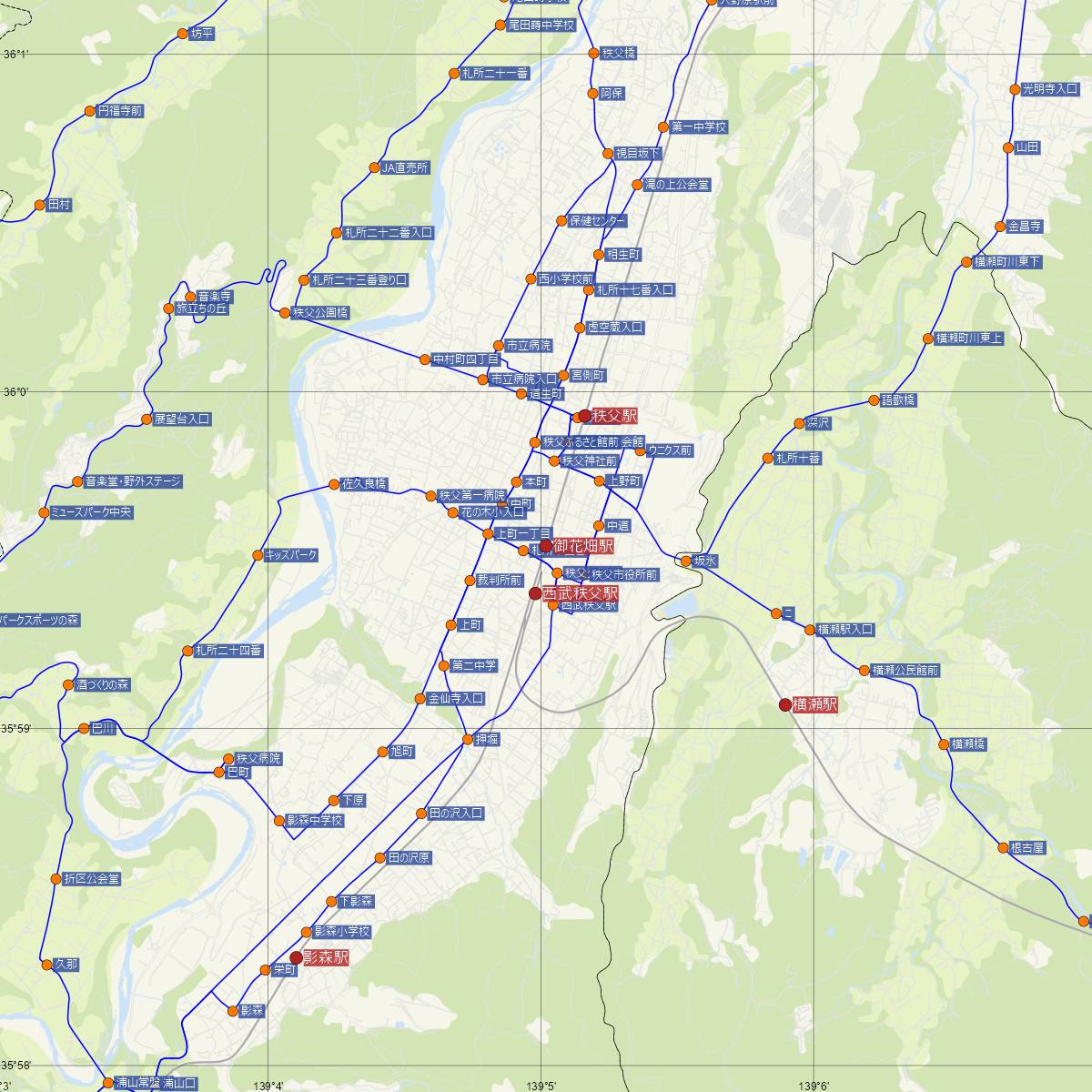 御花畑駅（秩父鉄道）周辺のバス路線図