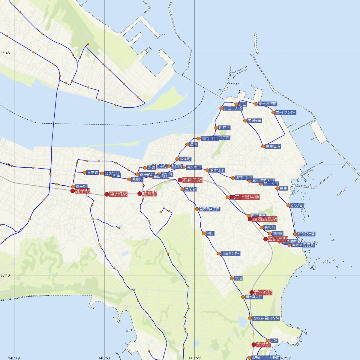 本銚子駅（銚子電鉄）周辺のバス路線図