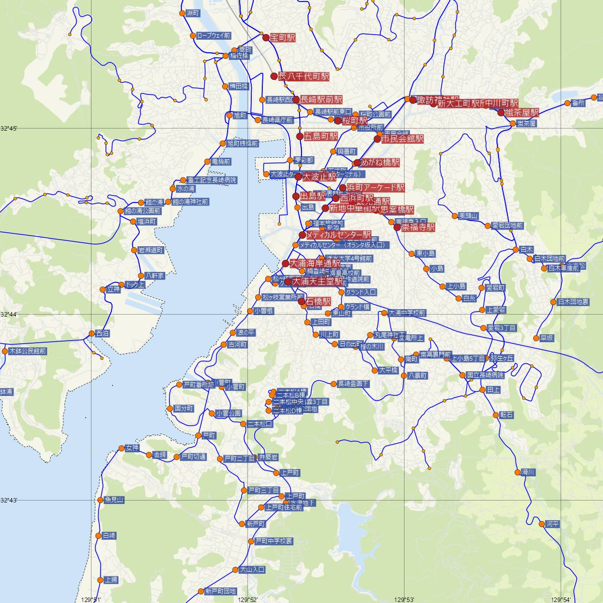 石橋駅（長崎電鉄）周辺のバス路線図