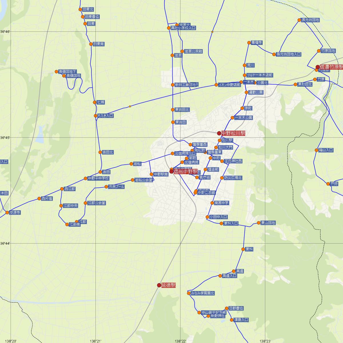 信州中野駅（長野電鉄）周辺のバス路線図
