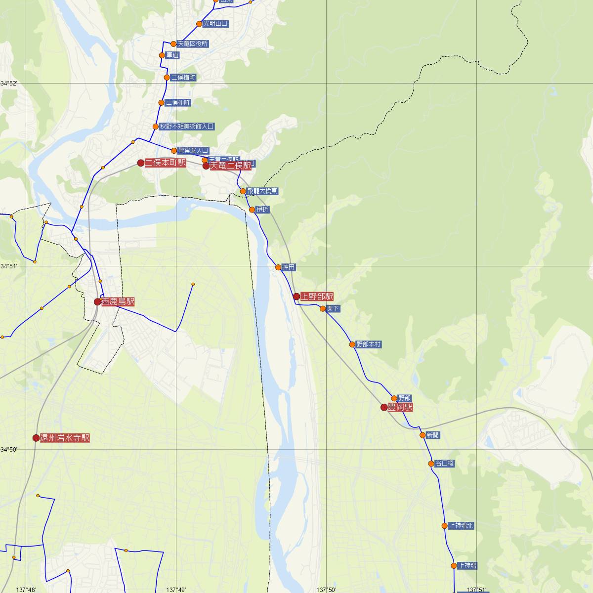 上野部駅（天竜浜名湖鉄道）周辺のバス路線図