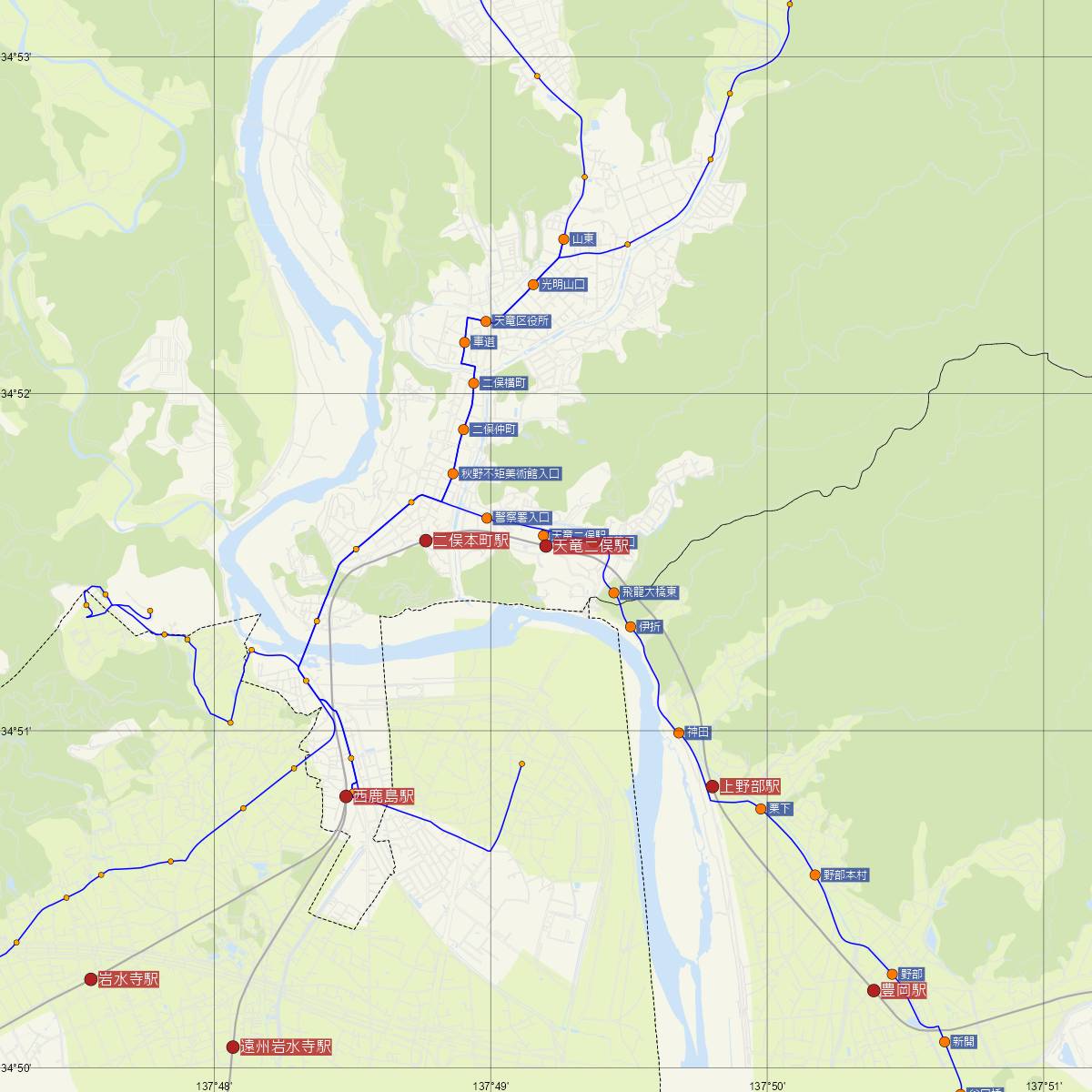 天竜二俣駅（天竜浜名湖鉄道）周辺のバス路線図