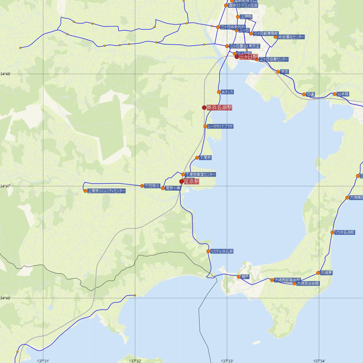 尾奈駅（天竜浜名湖鉄道）周辺のバス路線図