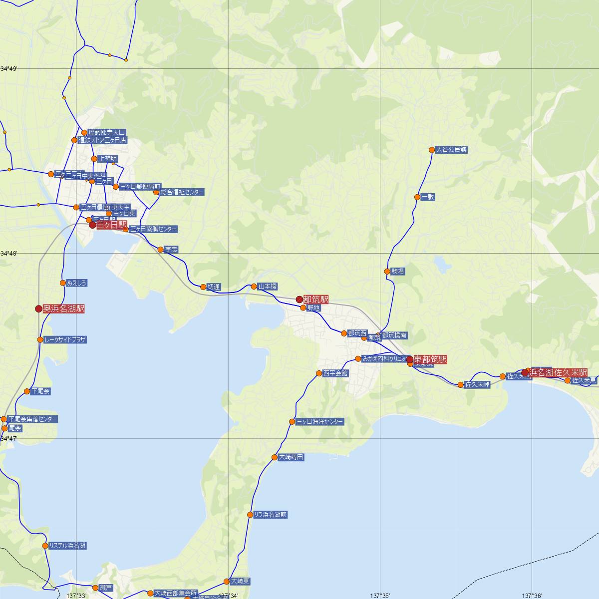 都筑駅（天竜浜名湖鉄道）周辺のバス路線図