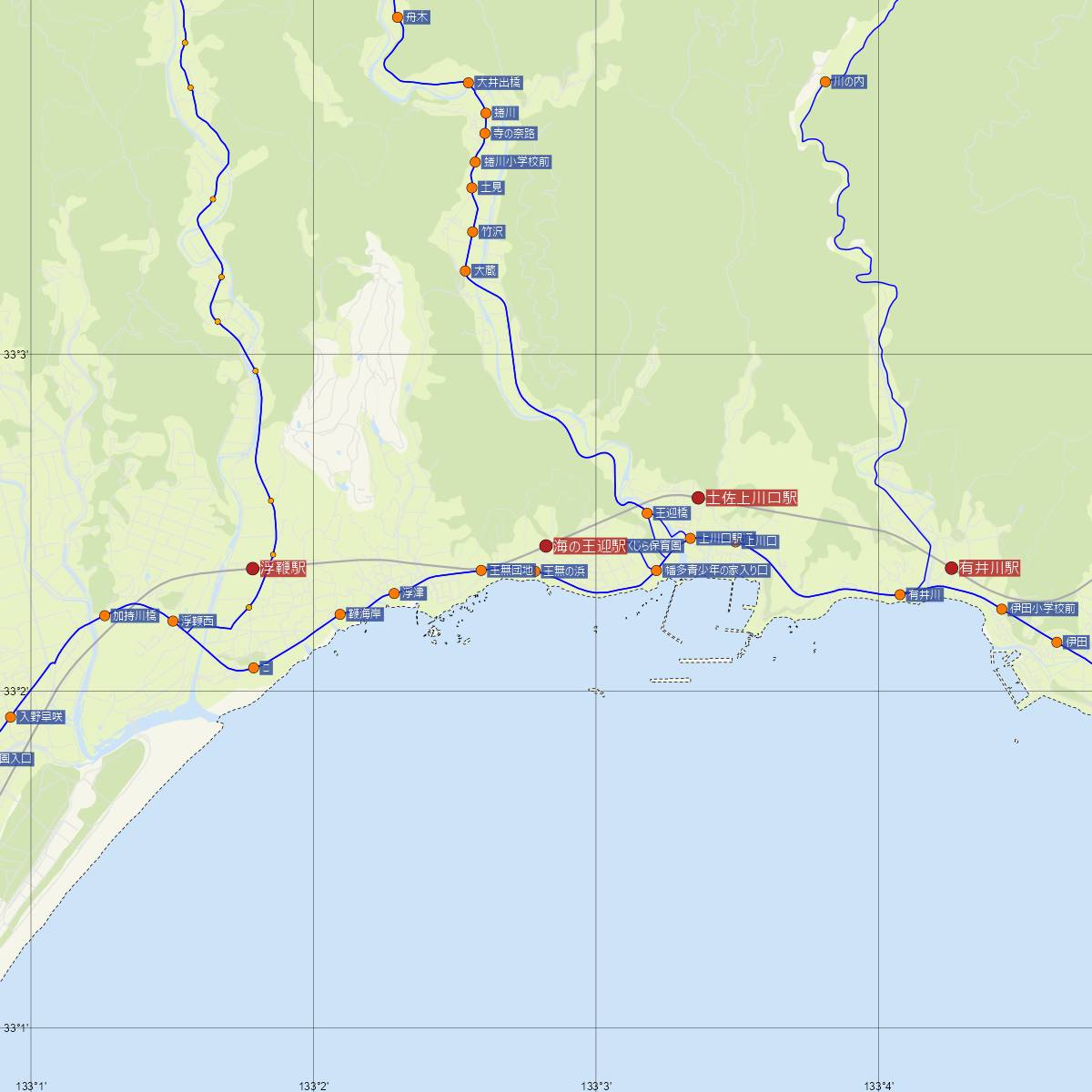 海の王迎駅（土佐くろしお鉄道）周辺のバス路線図