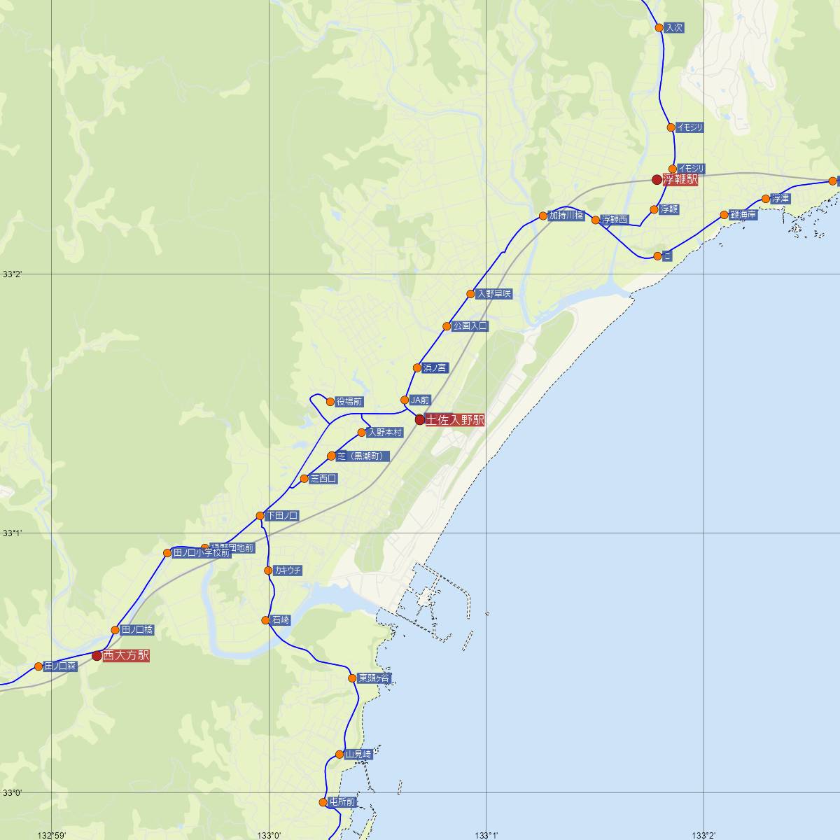 土佐入野駅（土佐くろしお鉄道）周辺のバス路線図