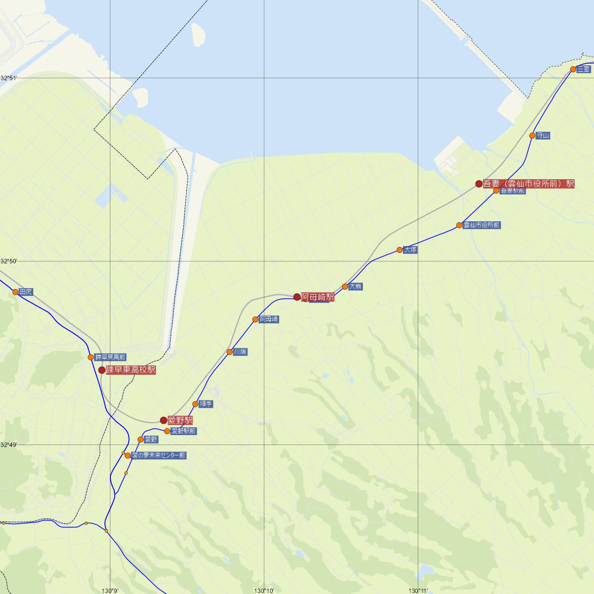 阿母崎駅（島原鉄道）周辺のバス路線図