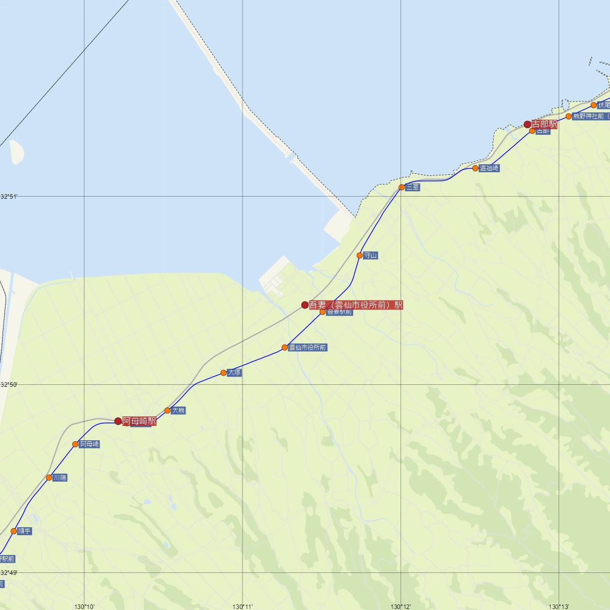 吾妻（雲仙市役所前）駅（島原鉄道）周辺のバス路線図