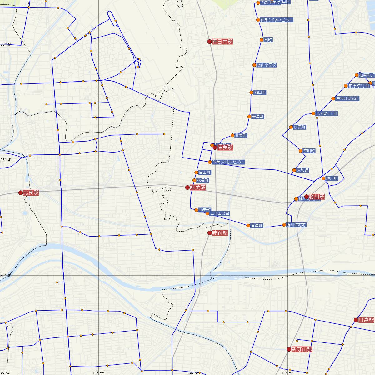 味美駅（城北線）周辺のバス路線図