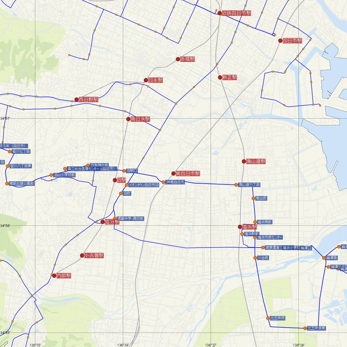 南四日市駅（JR東海）周辺のバス路線図