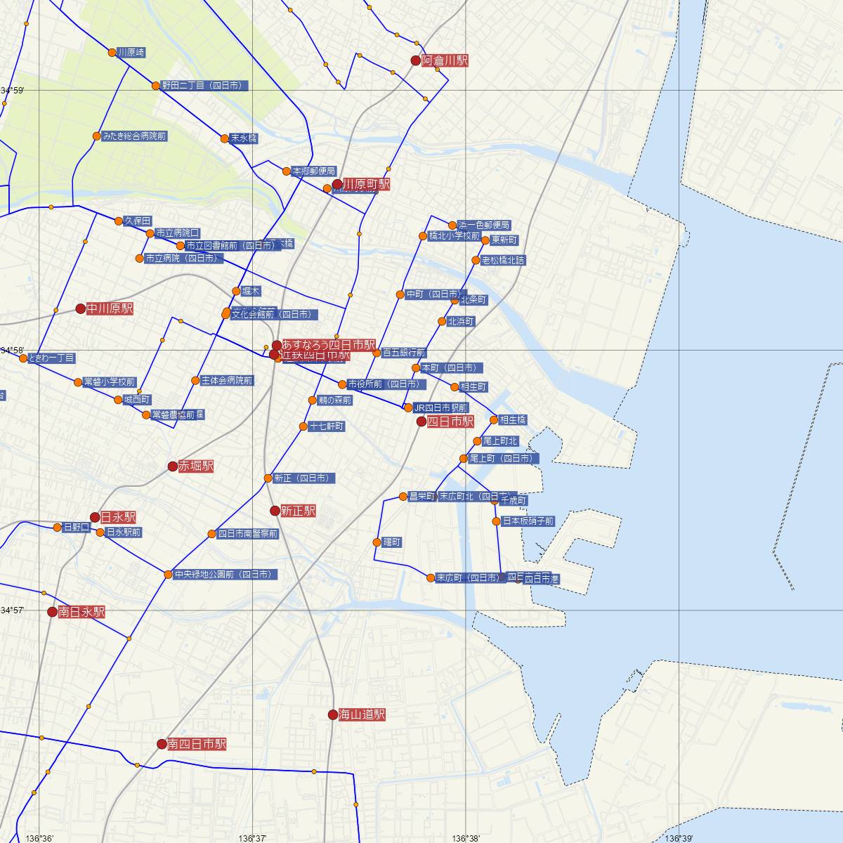 四日市駅（JR東海）周辺のバス路線図