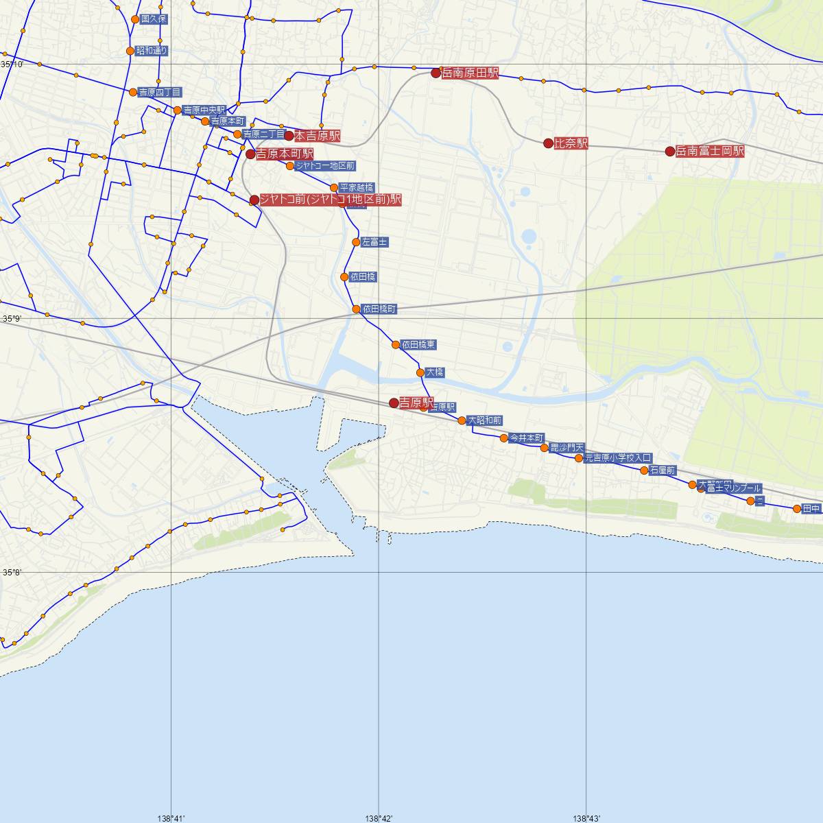 吉原駅（JR東海）周辺のバス路線図