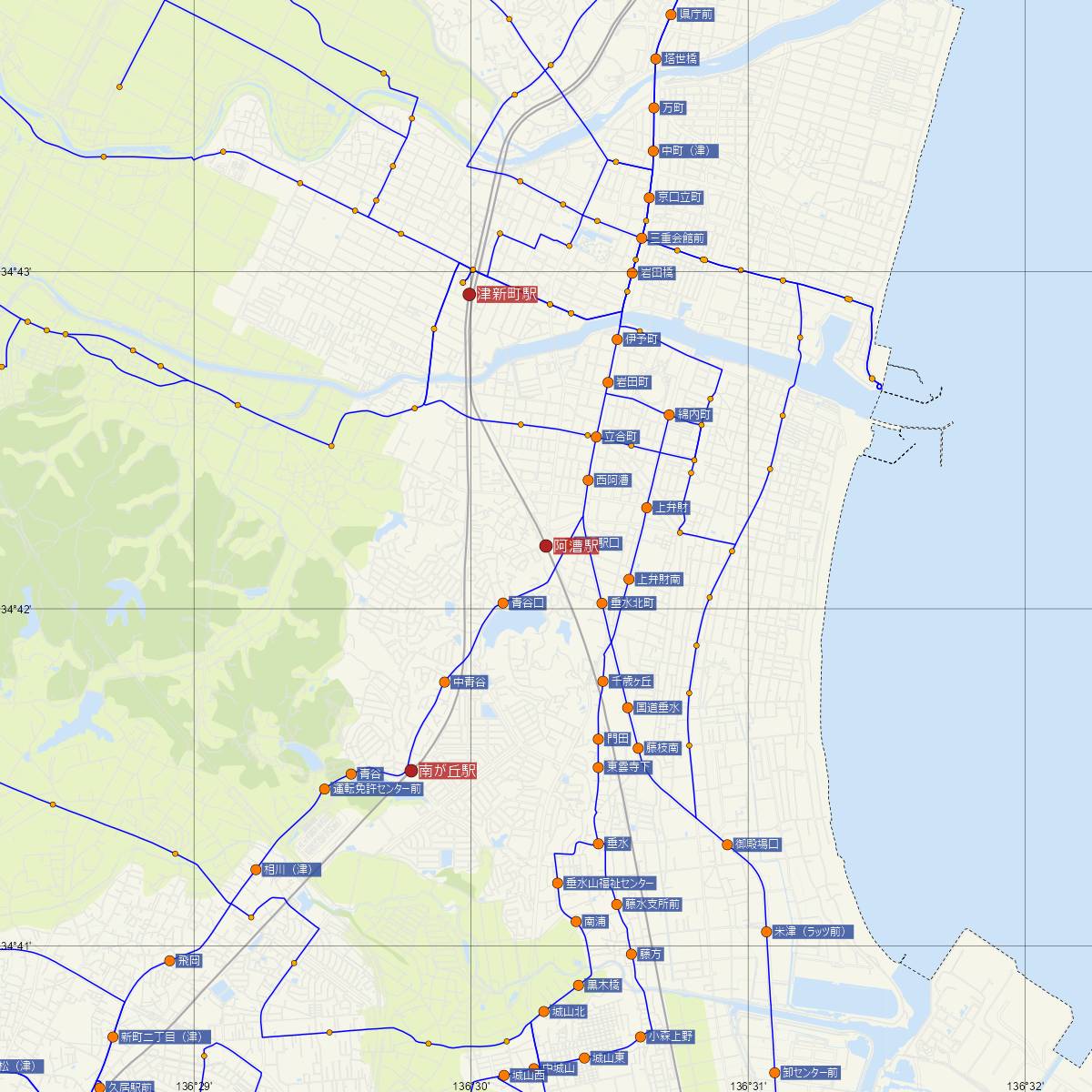 阿漕駅（JR東海）周辺のバス路線図