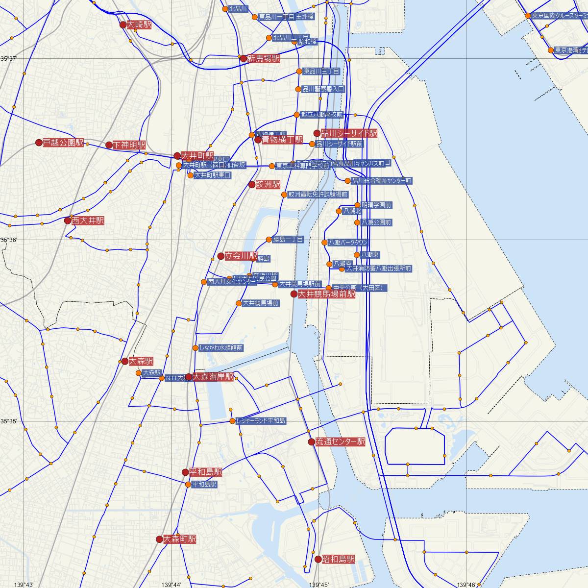 大井競馬場前駅（東京モノレール）周辺のバス路線図