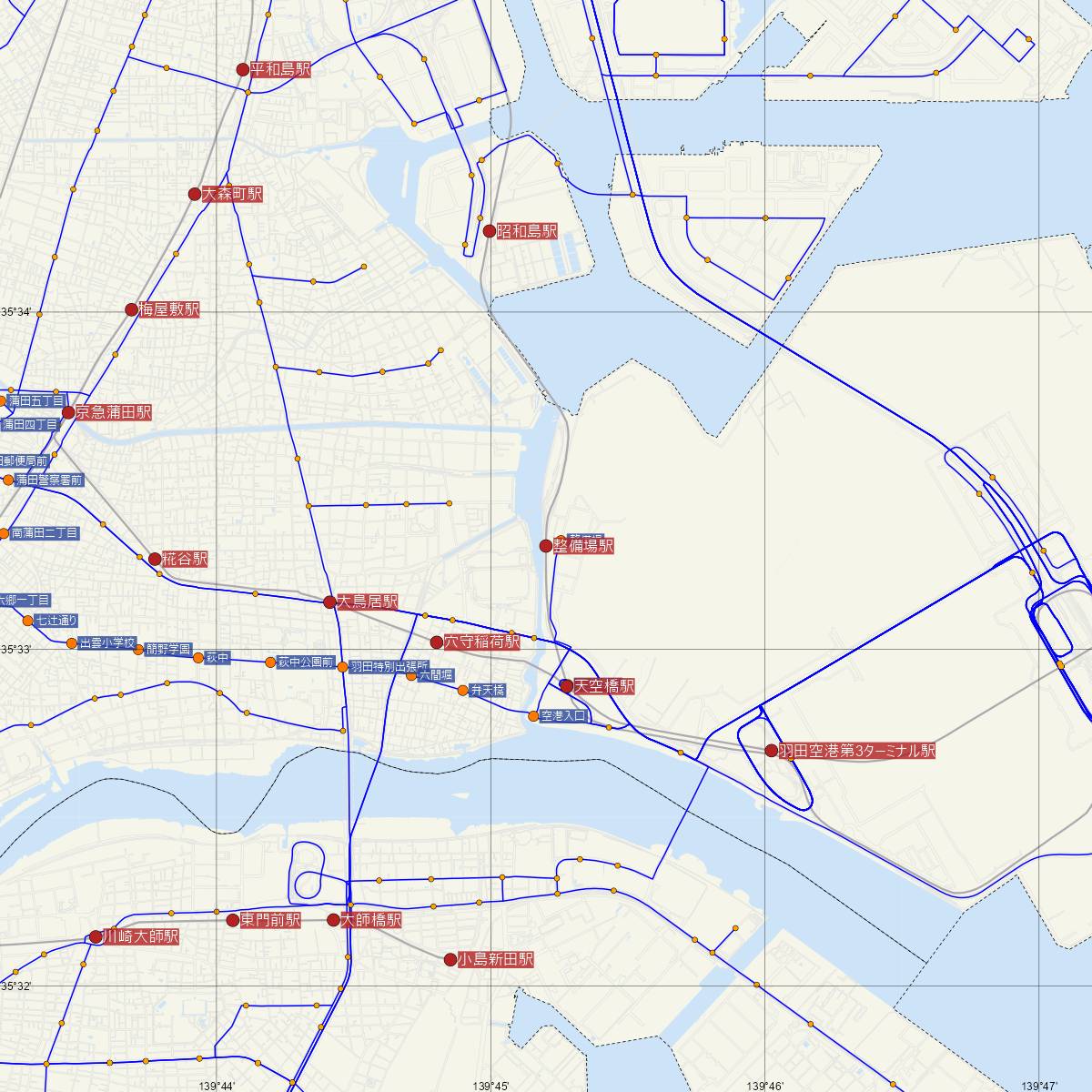 整備場駅（東京モノレール）周辺のバス路線図