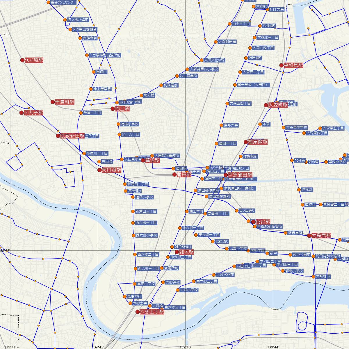 蒲田駅（東急線）周辺のバス路線図