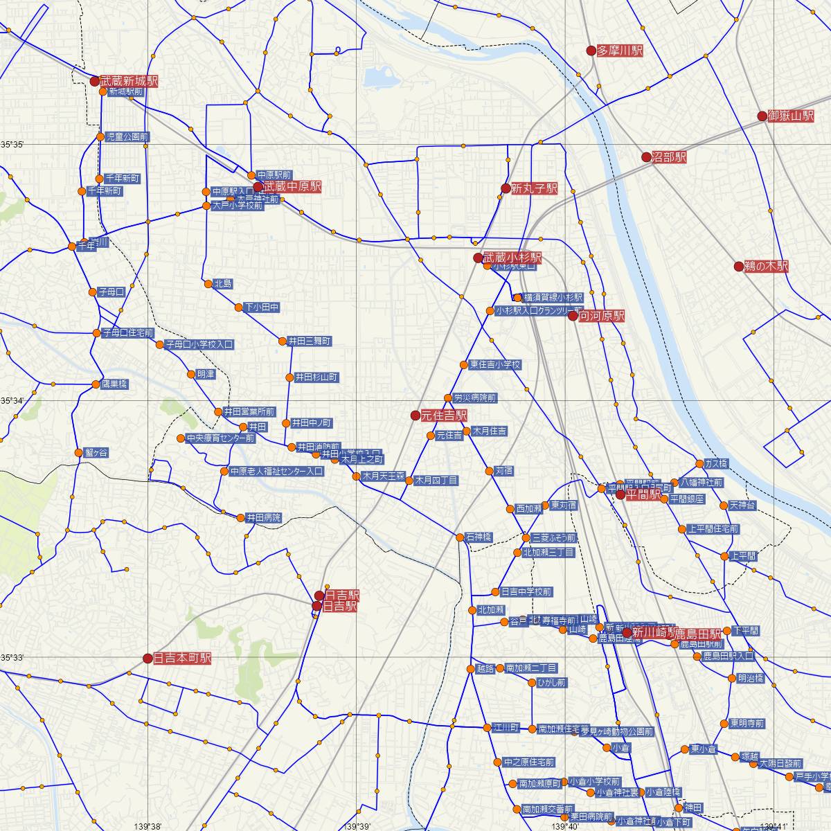 元住吉駅（東急線）周辺のバス路線図