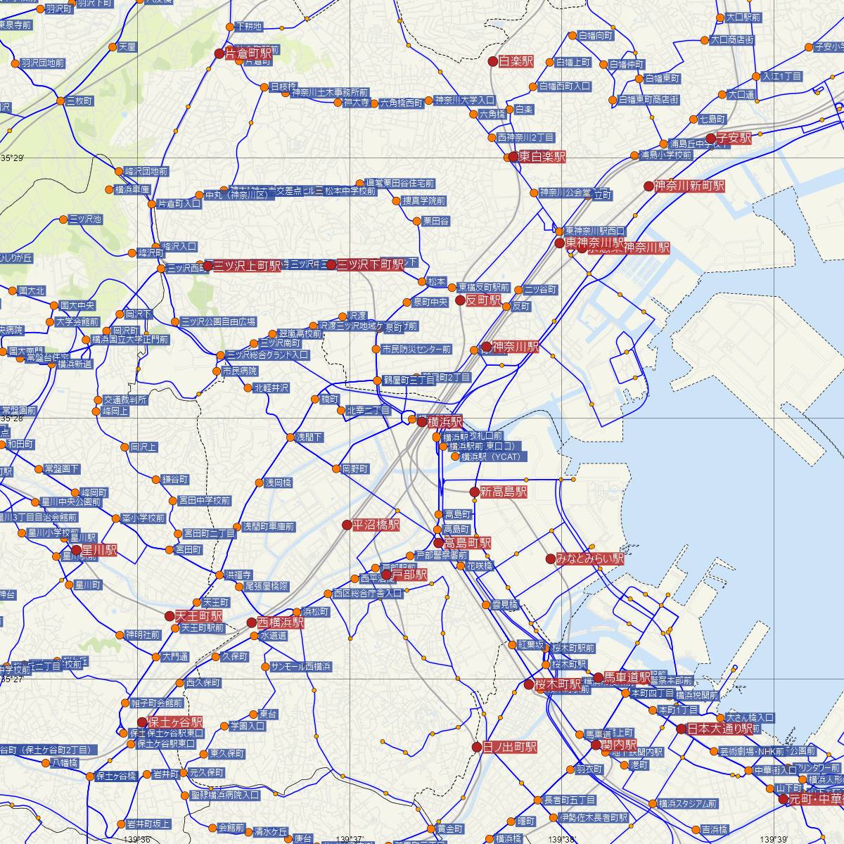 横浜駅（東急線）周辺のバス路線図