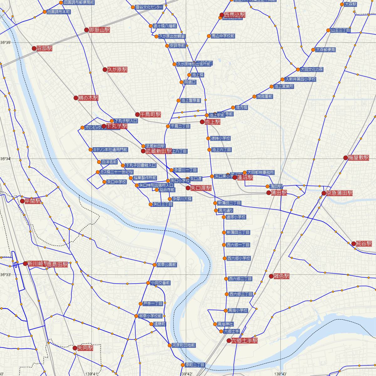 矢口渡駅（東急線）周辺のバス路線図