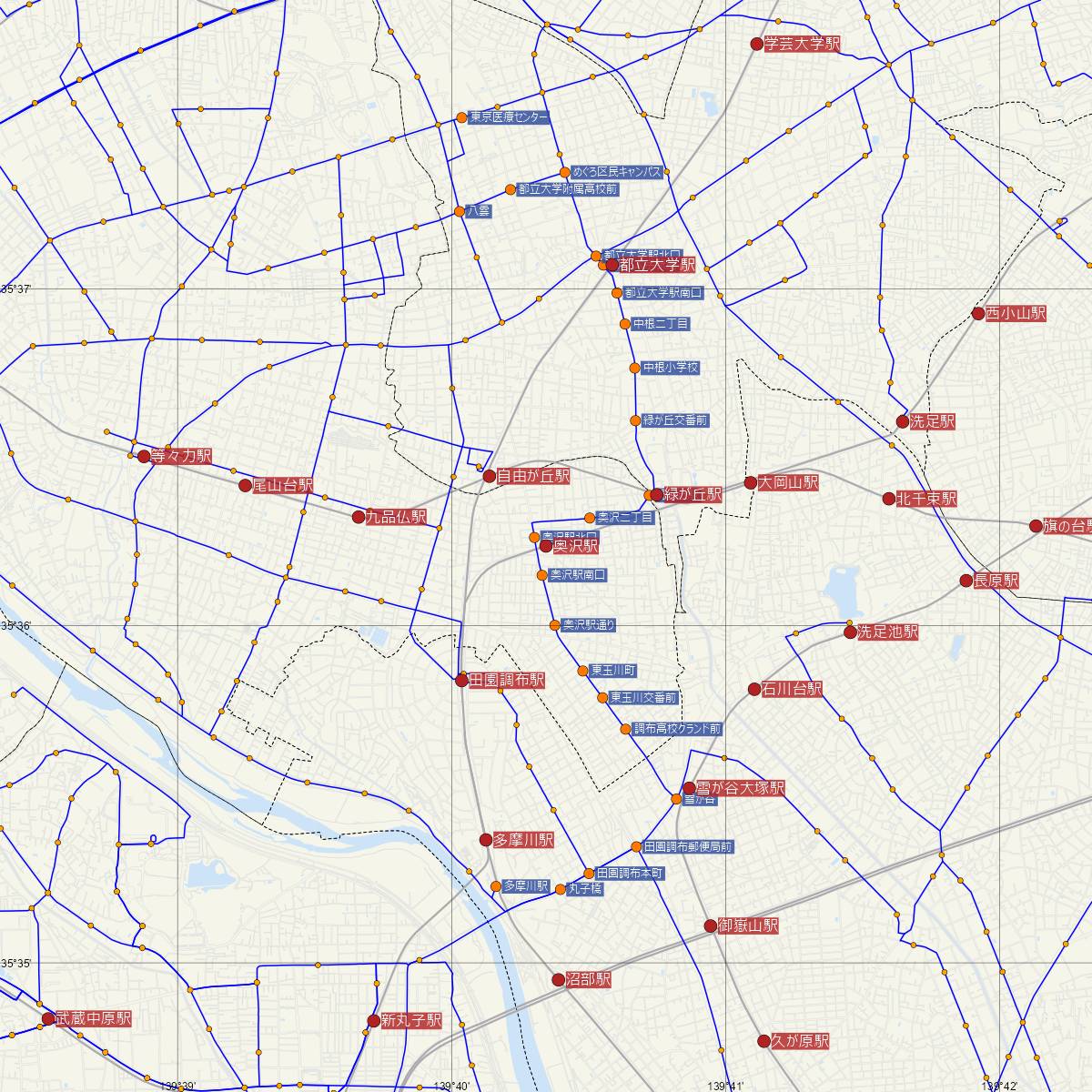 奥沢駅（東急線）周辺のバス路線図