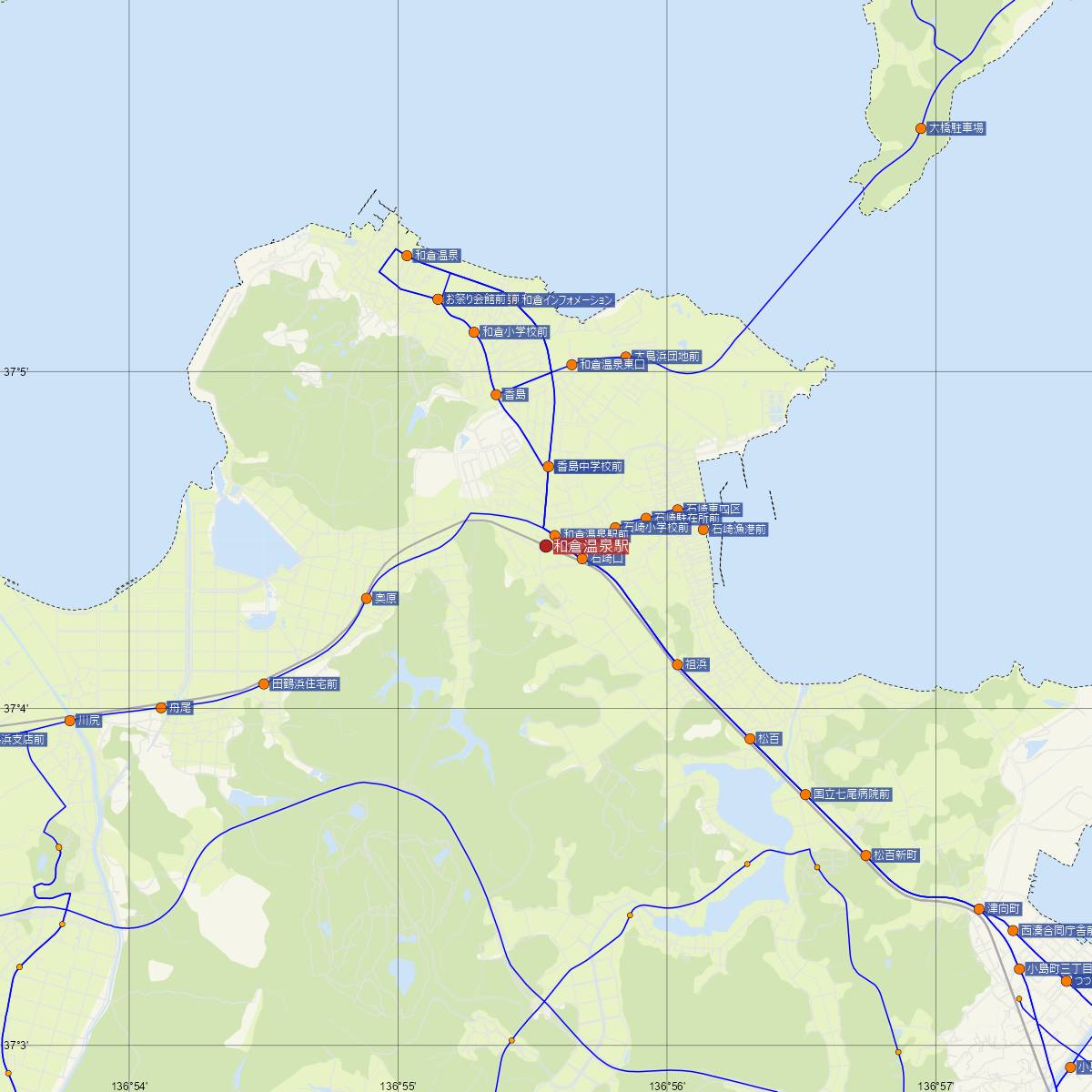 和倉温泉駅（のと鉄道）周辺のバス路線図