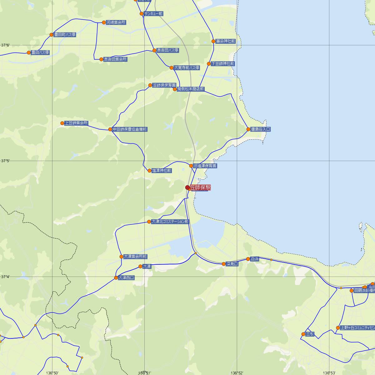 笠師保駅（のと鉄道）周辺のバス路線図