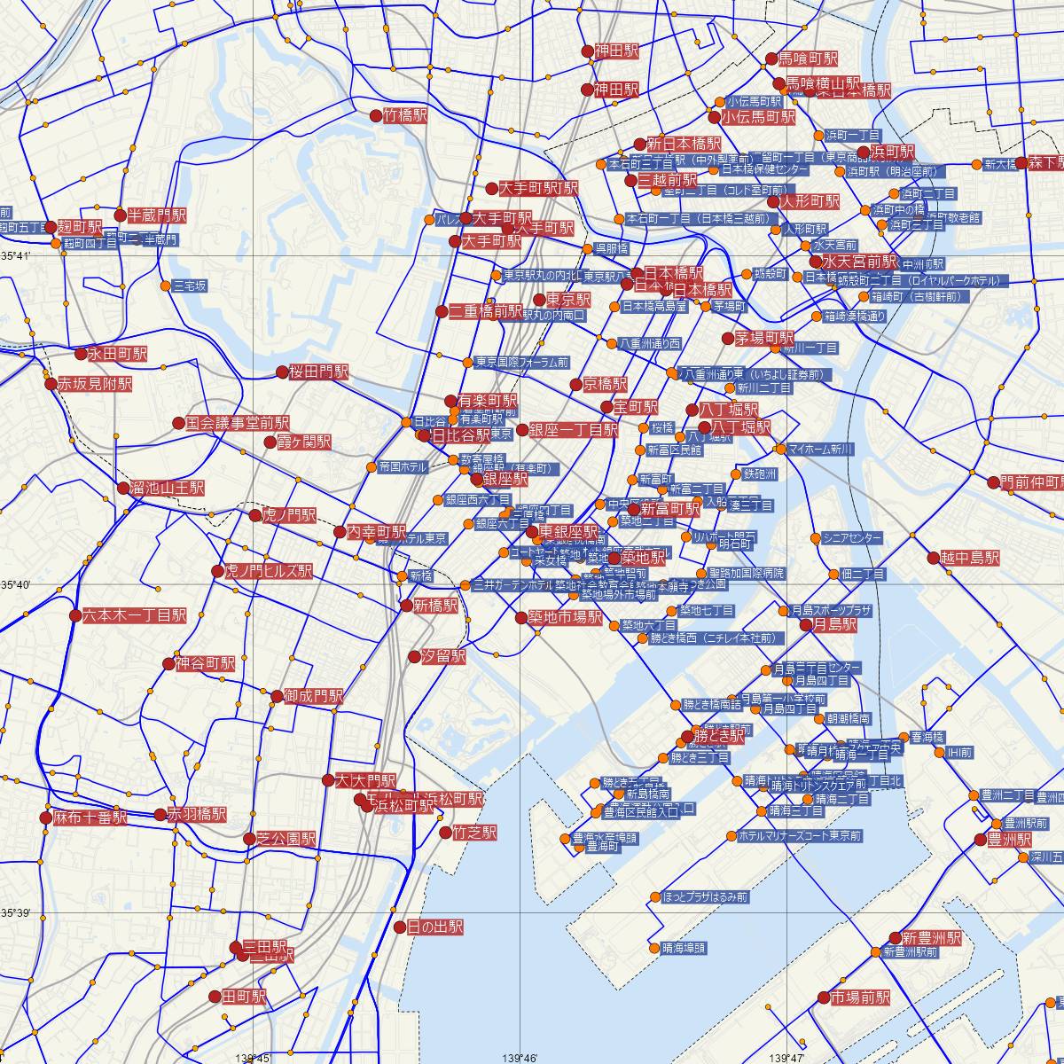 東銀座駅（東京メトロ）周辺のバス路線図