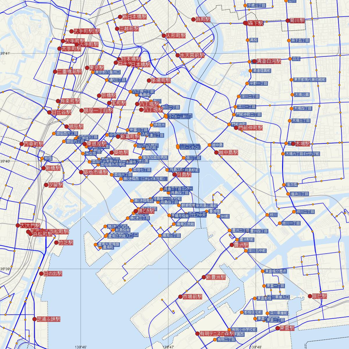 月島駅（東京メトロ）周辺のバス路線図