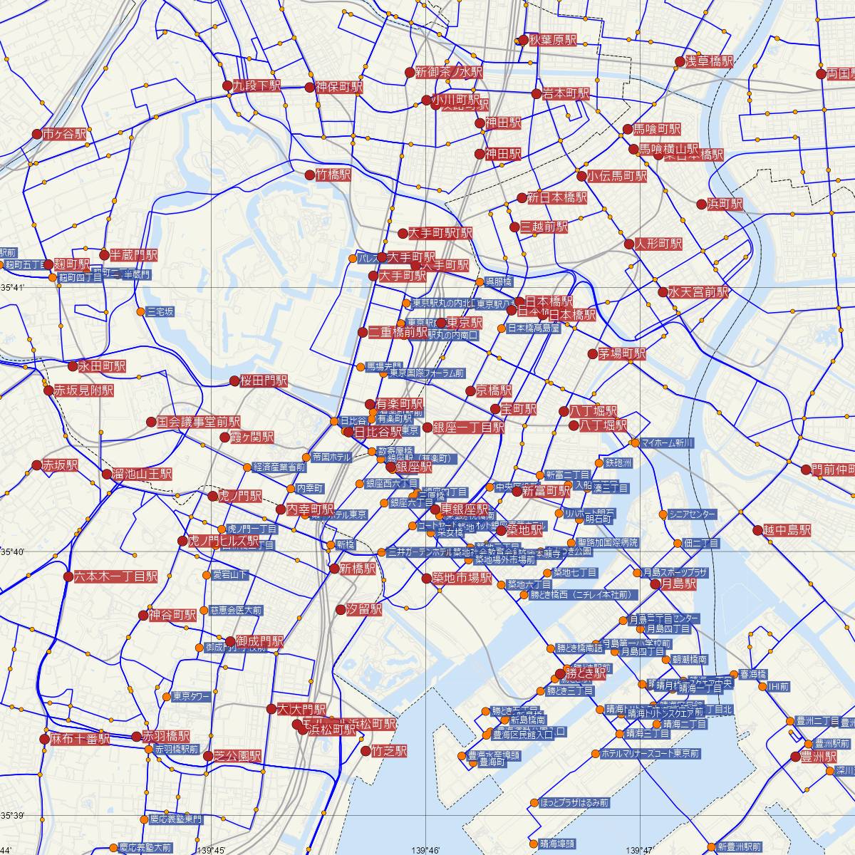 銀座一丁目駅（東京メトロ）周辺のバス路線図