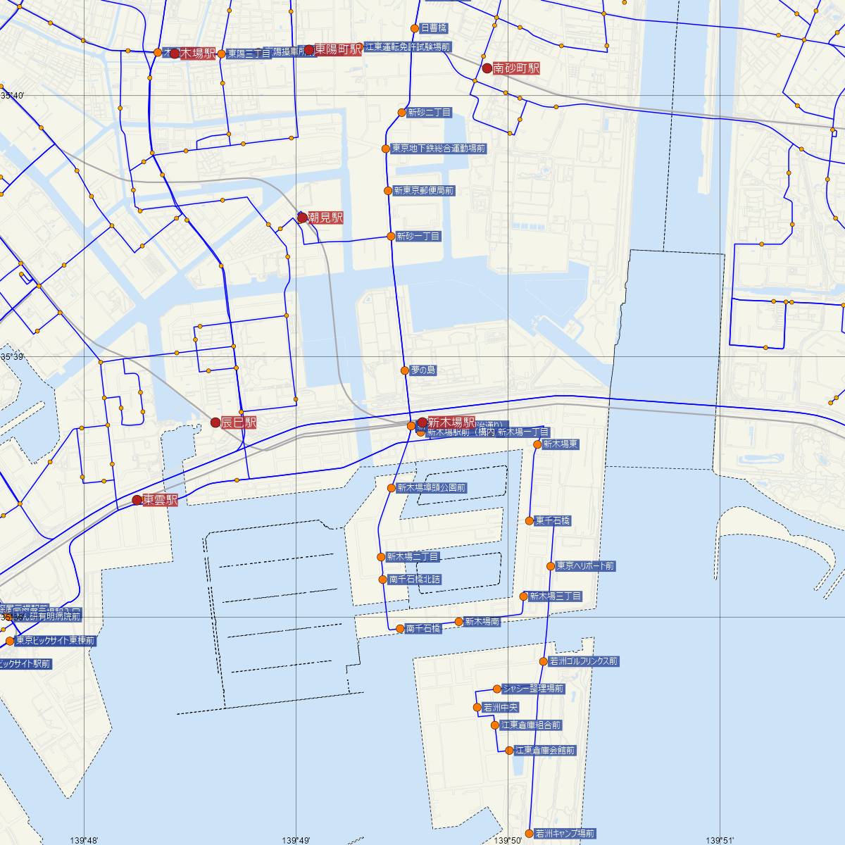 新木場駅（東京メトロ）周辺のバス路線図