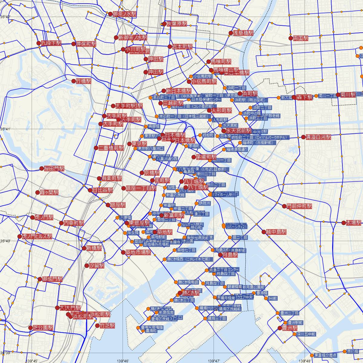 八丁堀駅（東京メトロ）周辺のバス路線図