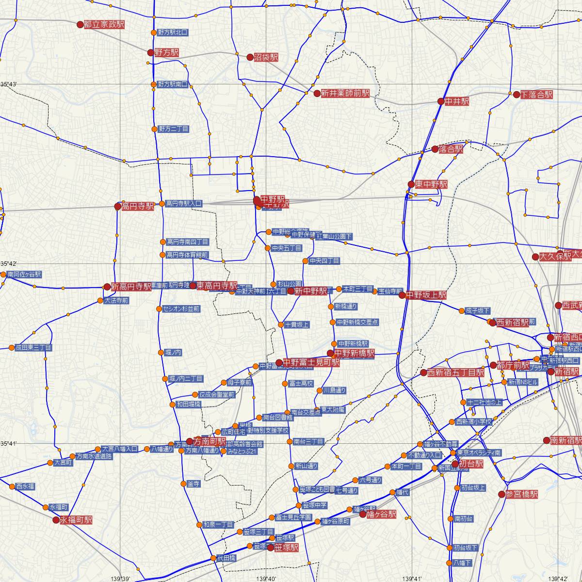 新中野駅（東京メトロ）周辺のバス路線図