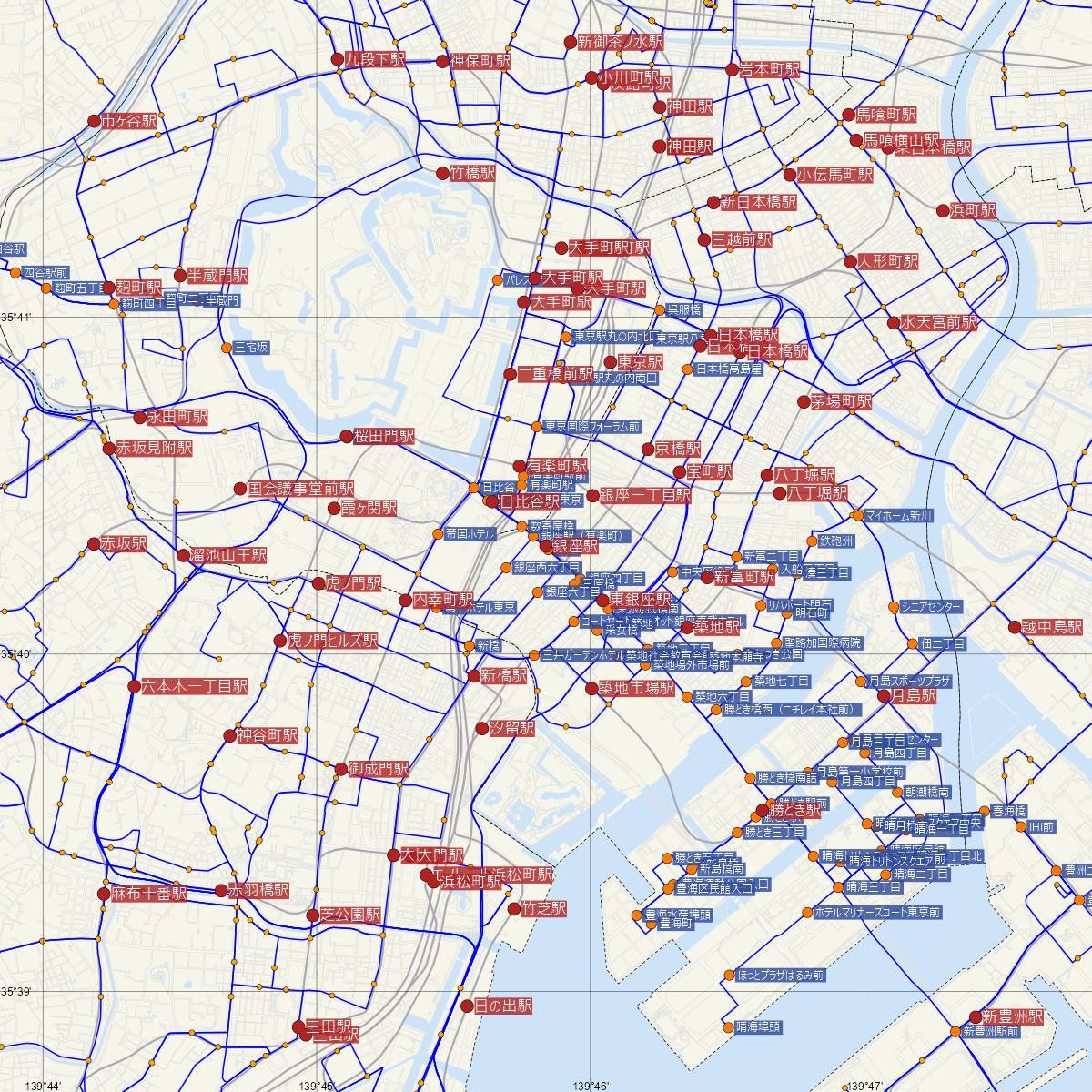 銀座駅（東京メトロ）周辺のバス路線図