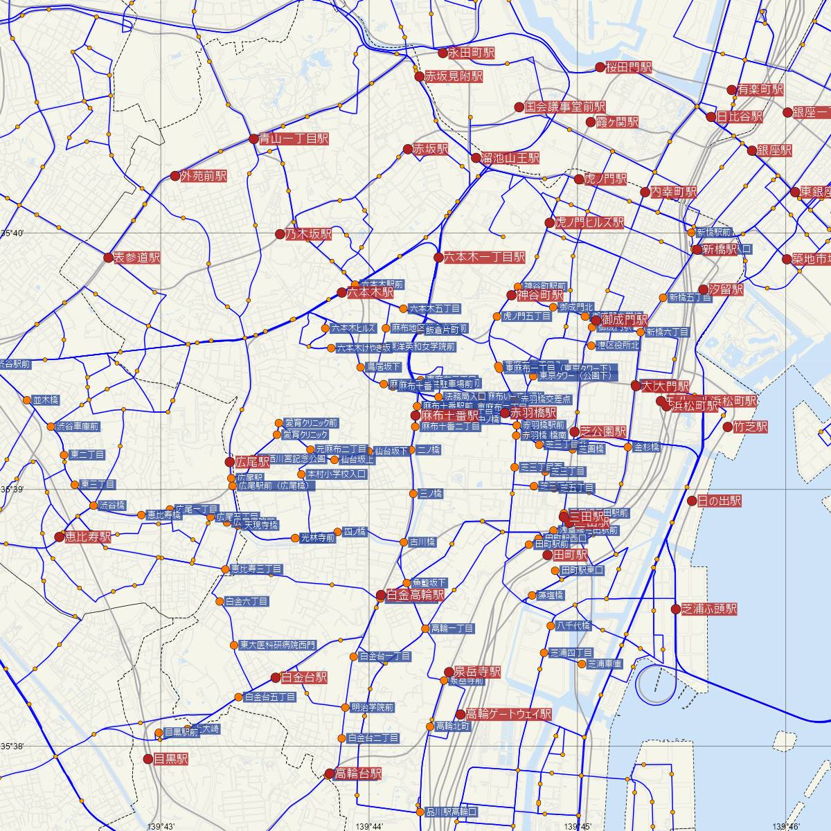 麻布十番駅（東京メトロ）周辺のバス路線図