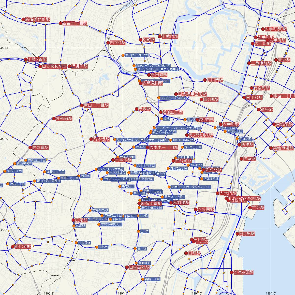 六本木一丁目駅（東京メトロ）周辺のバス路線図