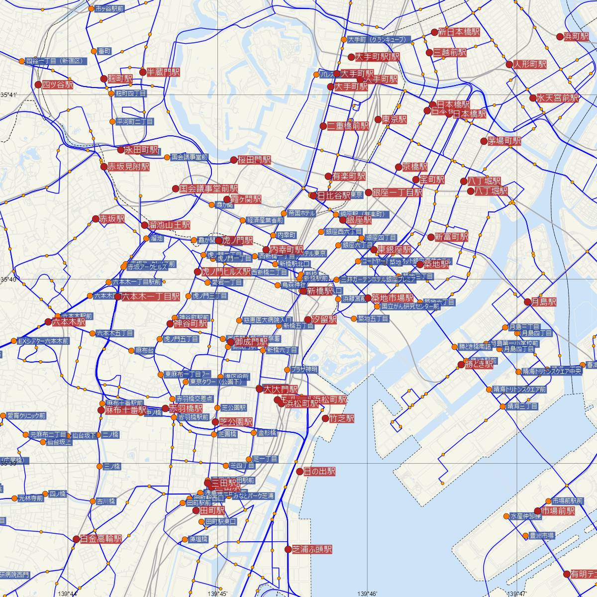 新橋駅（都営地下鉄）周辺のバス路線図