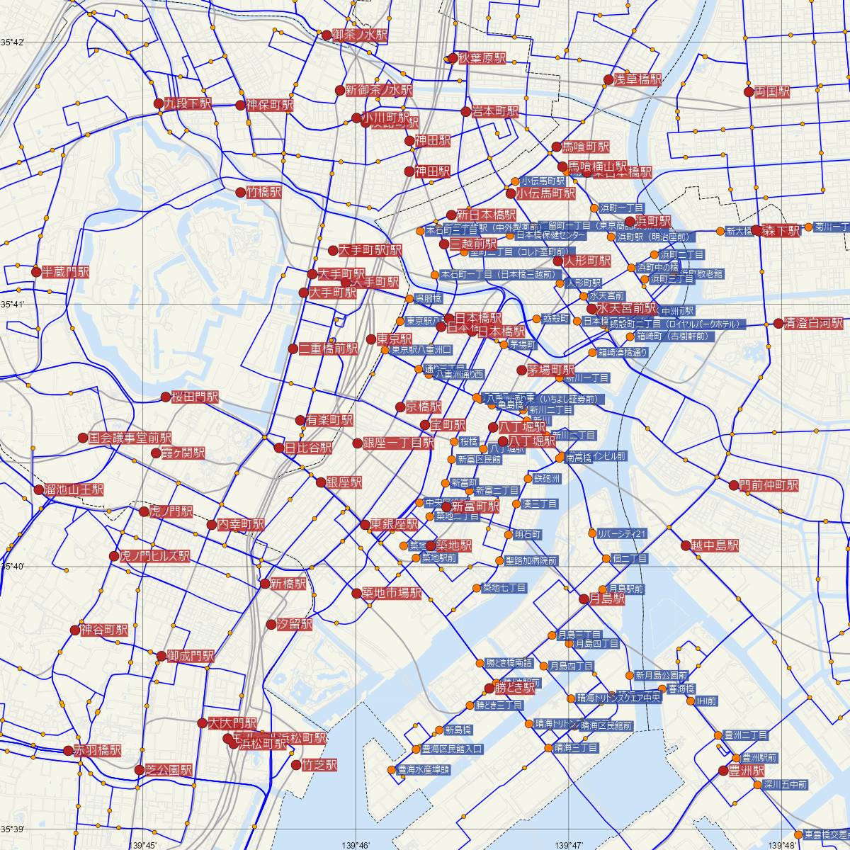 宝町駅（都営地下鉄）周辺のバス路線図