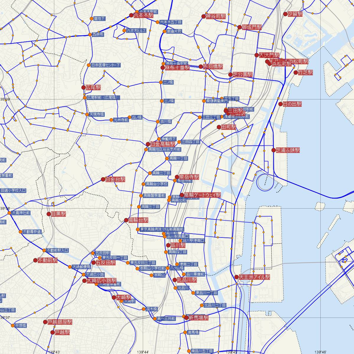 泉岳寺駅（都営地下鉄）周辺のバス路線図