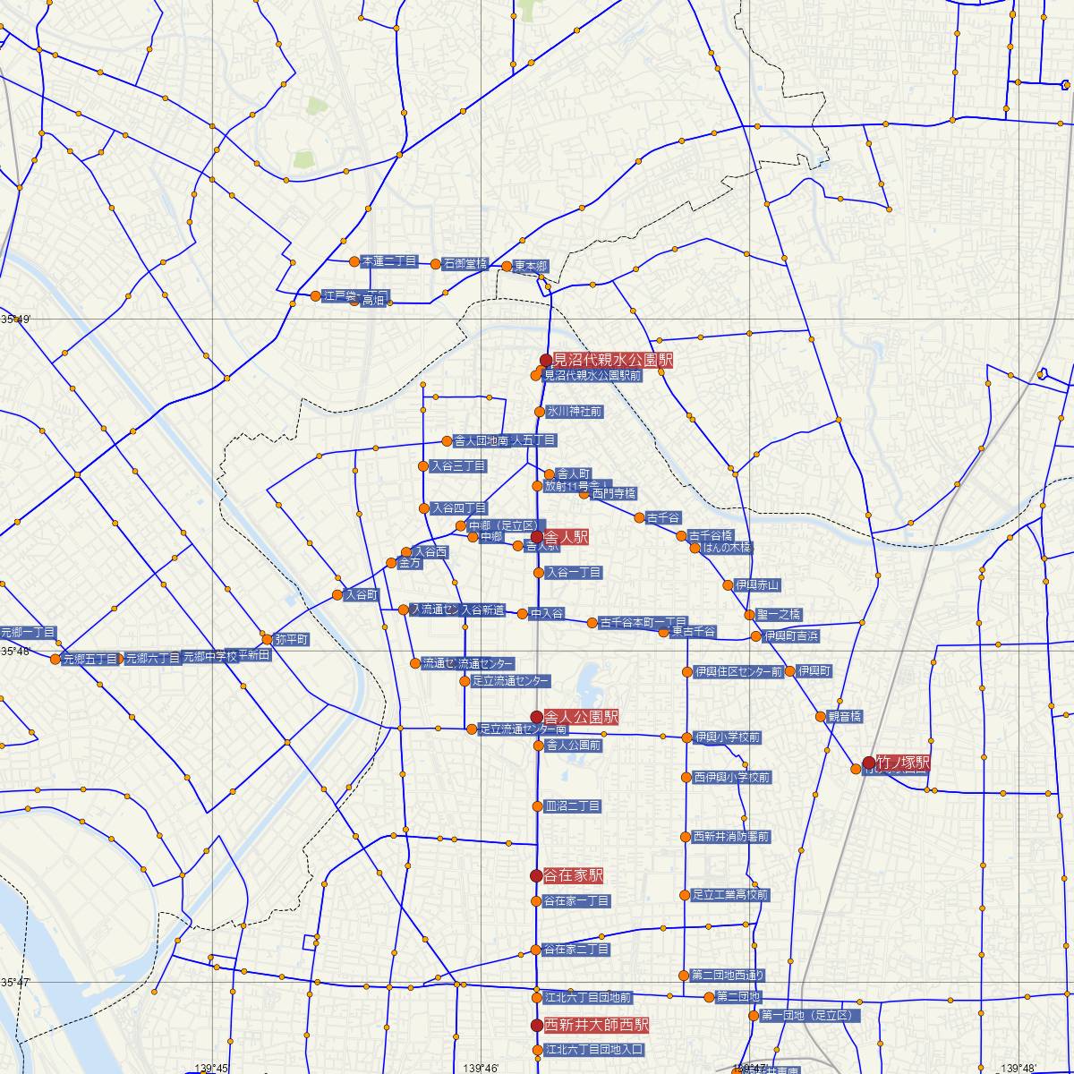 舎人駅（都営地下鉄）周辺のバス路線図